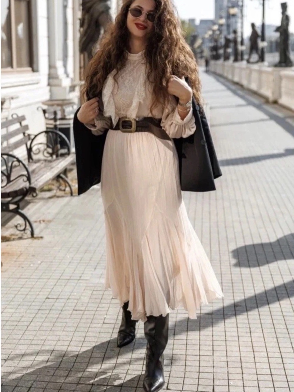 ZARA Cream Pleated Ruffled Boho Maxi Dress with Long Puff Sleeves - Picture 11 of 16